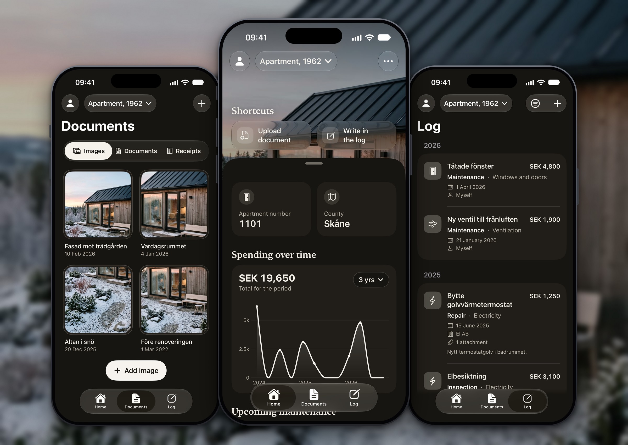 Three iPhone screens from Hemma: Documents with a grid of photos, Home with a photograph of a wooden house and a spending chart, and Log with a list of jobs and their costs.